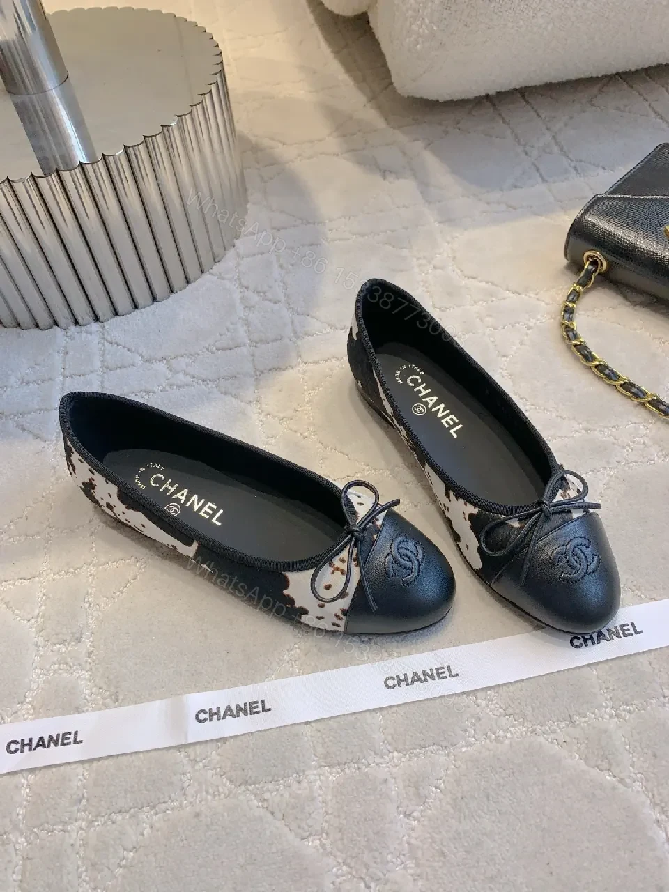 Navy Leather Bicolor Ballet Flats with Leopard Panels, Comfort — view 1
