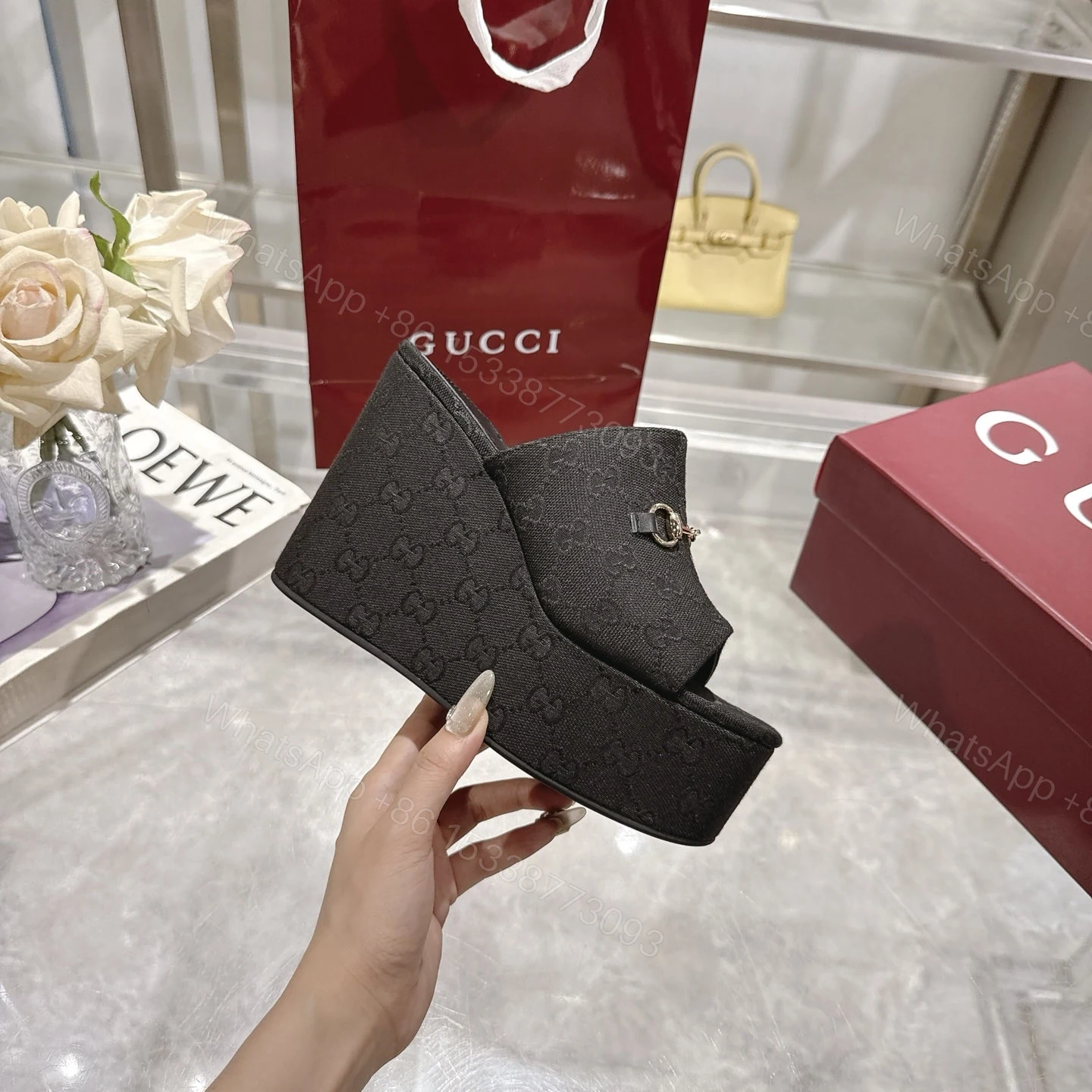 View 6 of GUCCI WOMEN’S WEDGE SANDAL WITH HORSEBIT BLACK 816328 FAB10 1000