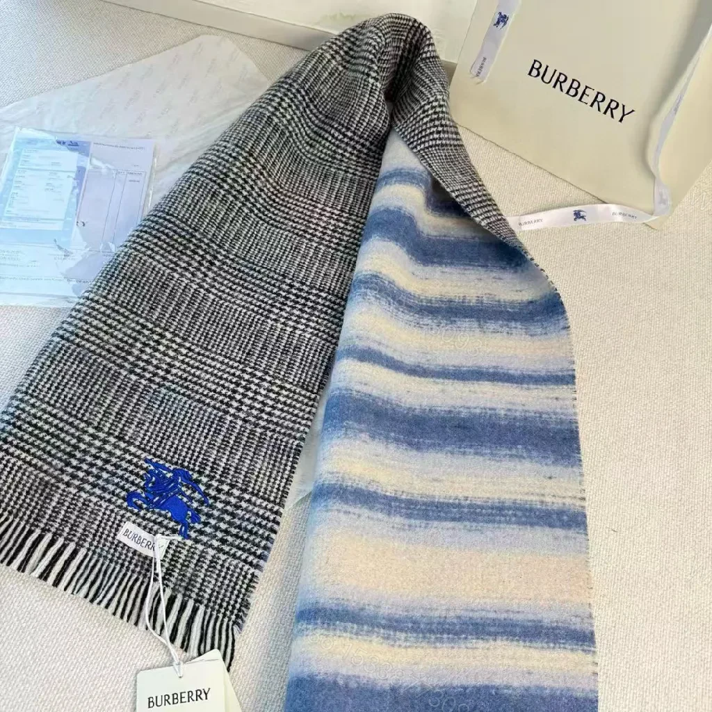 View 6 of Cozy Plaid Scarf – Soft Knit, Fringed Ends, Navy Embroidery