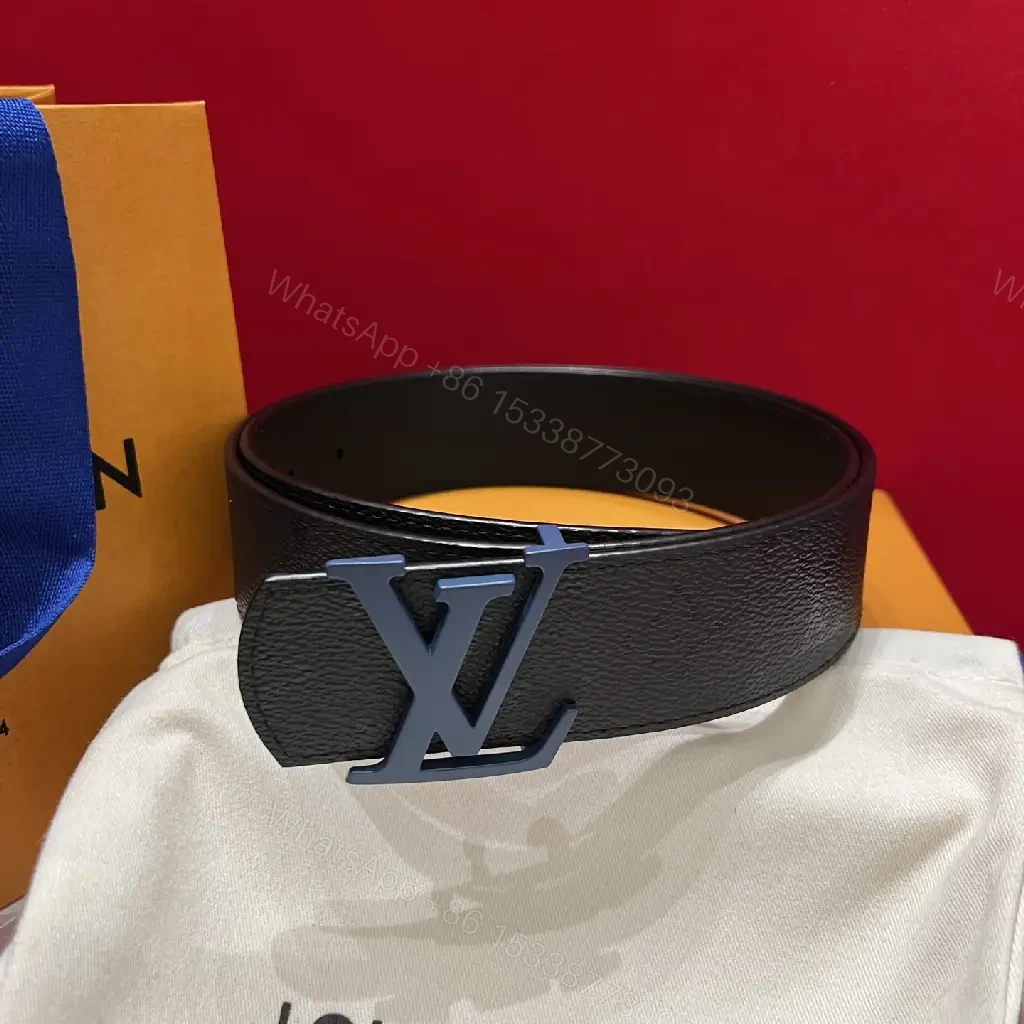 View 9 of Black Leather Belt with Oversized Blue LV Buckle