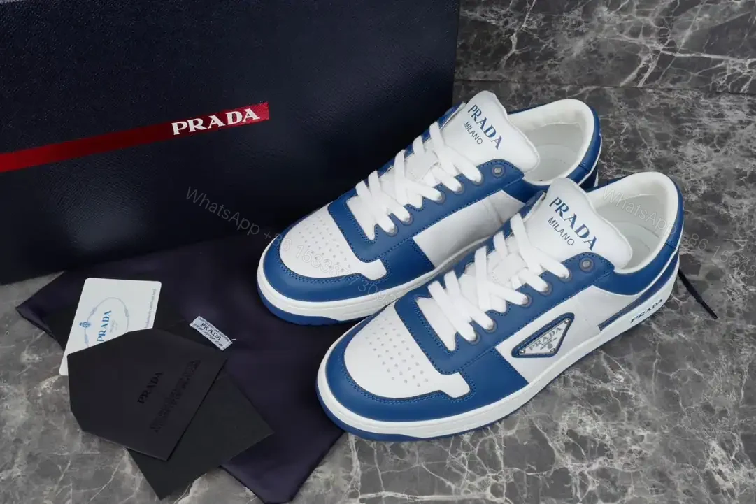 View 7 of PRADA DOWNTOWN LEATHER SNEAKERS IN WHITE AND LACQUER BLUE- PRD011