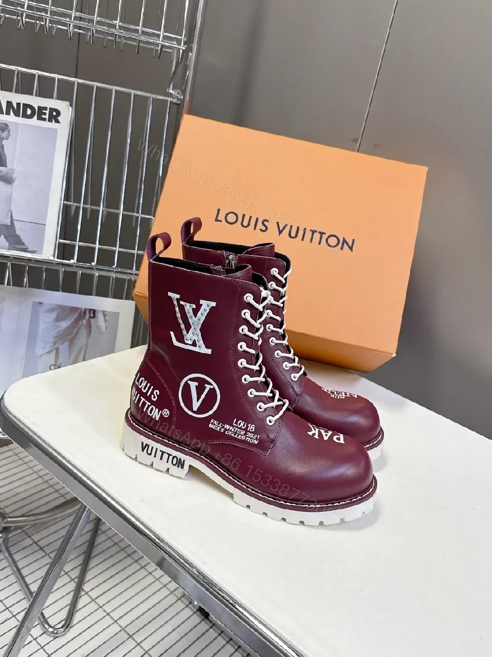 View 6 of Bold Burgundy Combat Boots with Contrast Stitching and Zipper