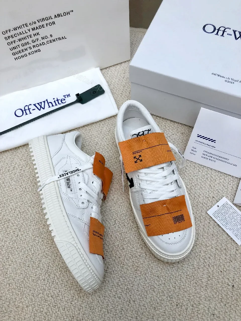 View 9 of White Leather Low-Profile Sneakers with Signature Tape Details