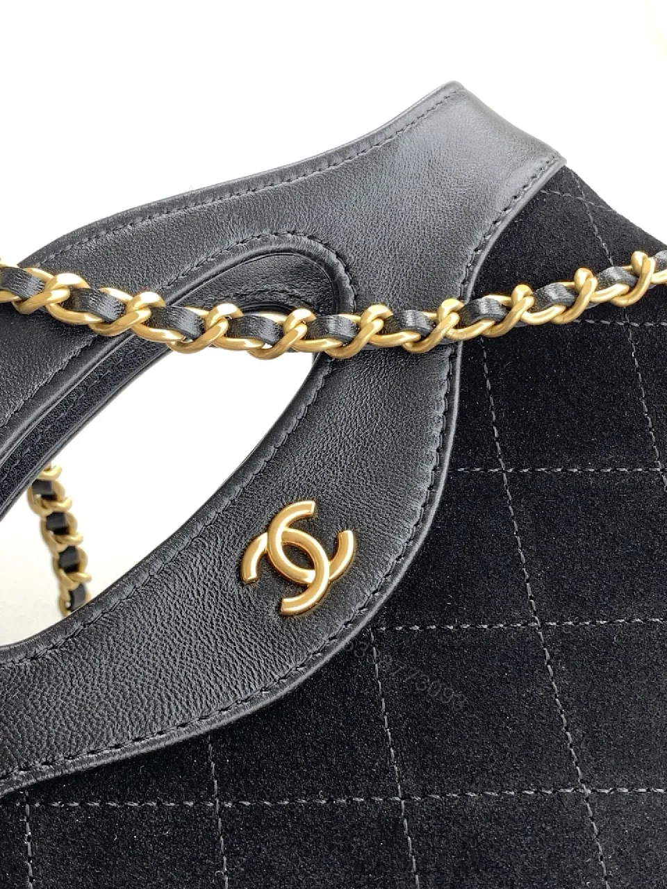 View 5 of Quilted Satin-Trim Handbag with Gold Chain