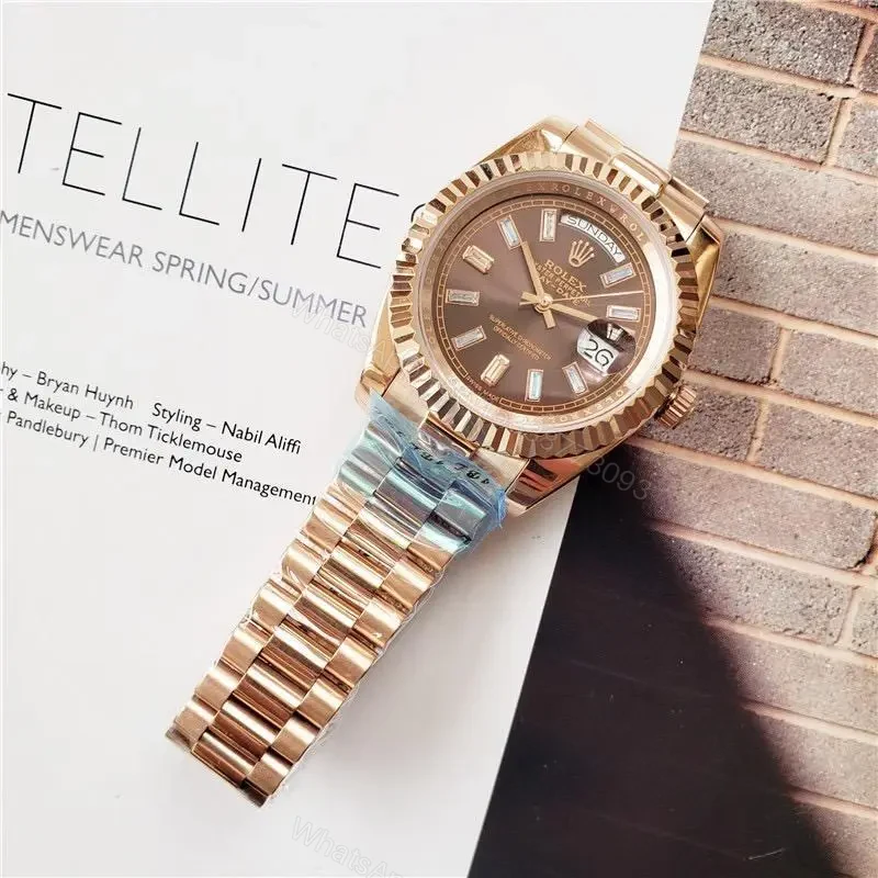 View 2 of Replica Rolex Day-Date Rose Gold Chocolate Diamond Dial & Fluted Bezel President Bracelet 228235