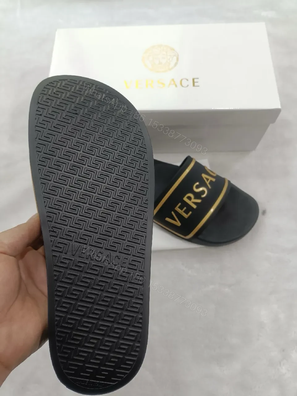 View 3 of Patterned Strap Slides with Gold Accent, Luxe Comfort Sandals