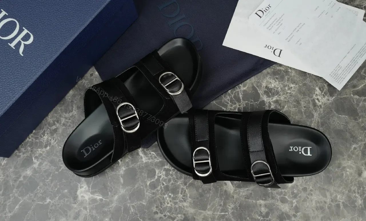 View 6 of Black Leather Double-Buckle Sandals, Dior Style, Slide Sandal