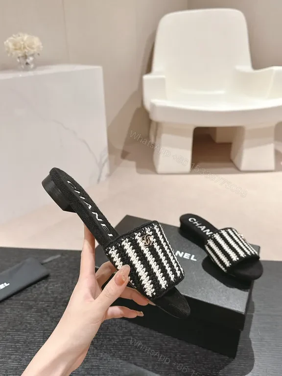 View 3 of Chanel-Inspired Striped Slip-On Slides â€“ Subtle Luxury