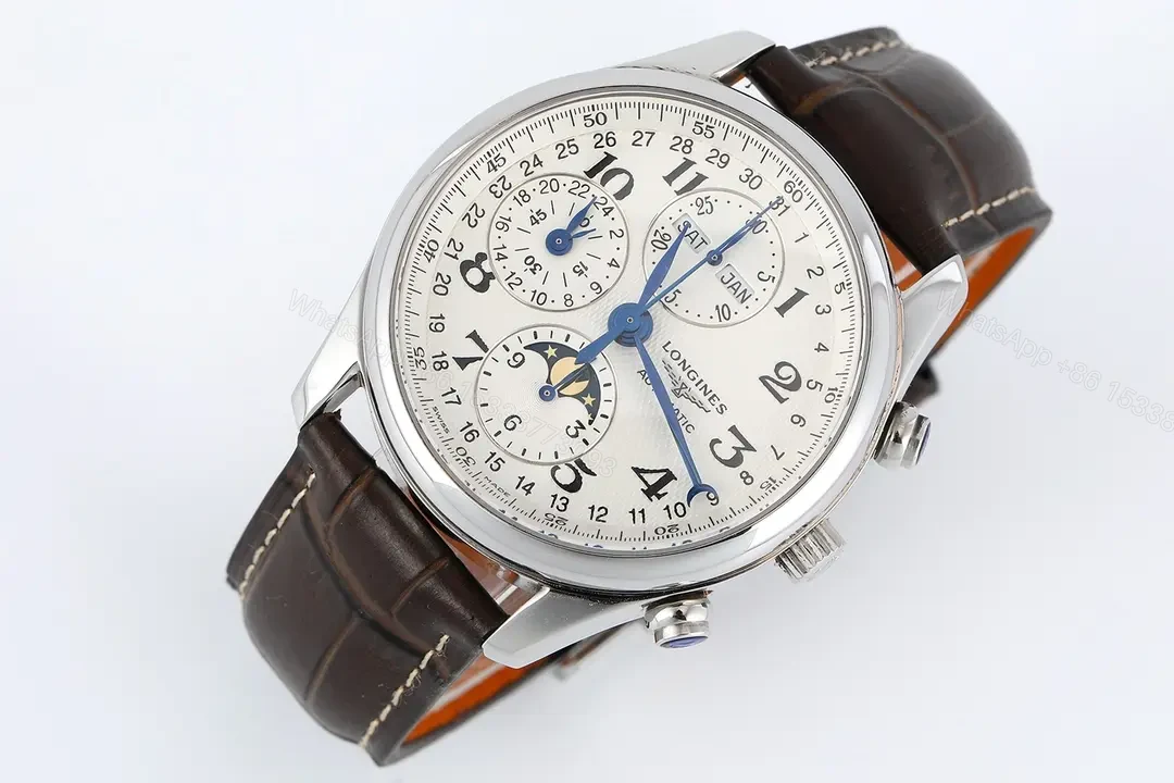 View 3 of Longines Master Collection Moonphase Eight Hand V4 Edition Silver Dial Brown Leather Strap Stainless Steel Case