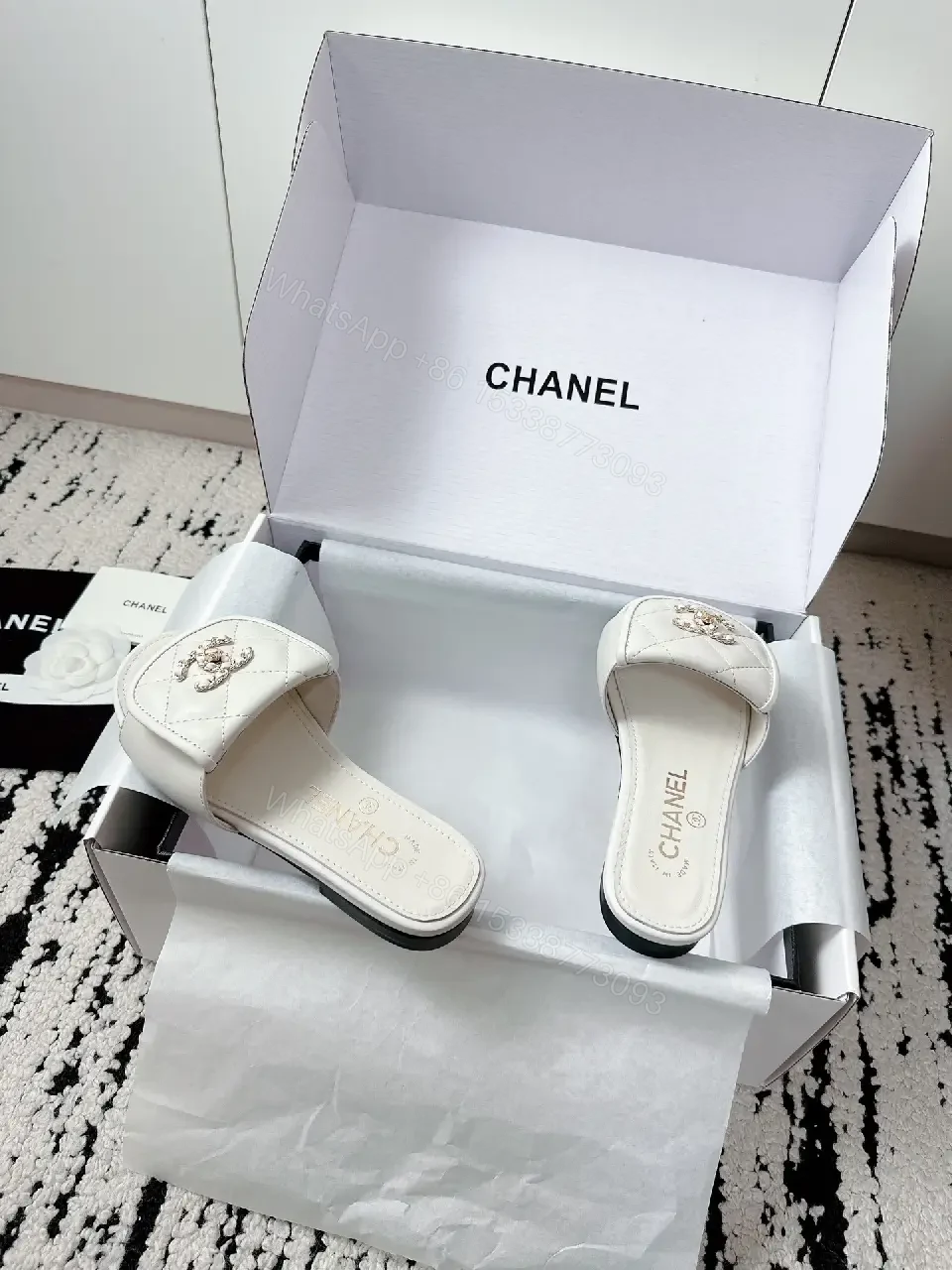 View 5 of White Leather Quilted Slides with Crystal Accent — All-Day Comfort