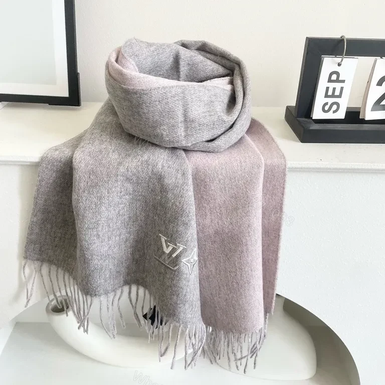 View 7 of Soft Luxury Scarf - Knit, Fringe, LV-Influenced Emblem - 5 Colors - 60s Luxe