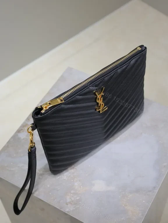 View 3 of Chic Chevron Quilted Clutch with Gold Emblem - Compact Luxury