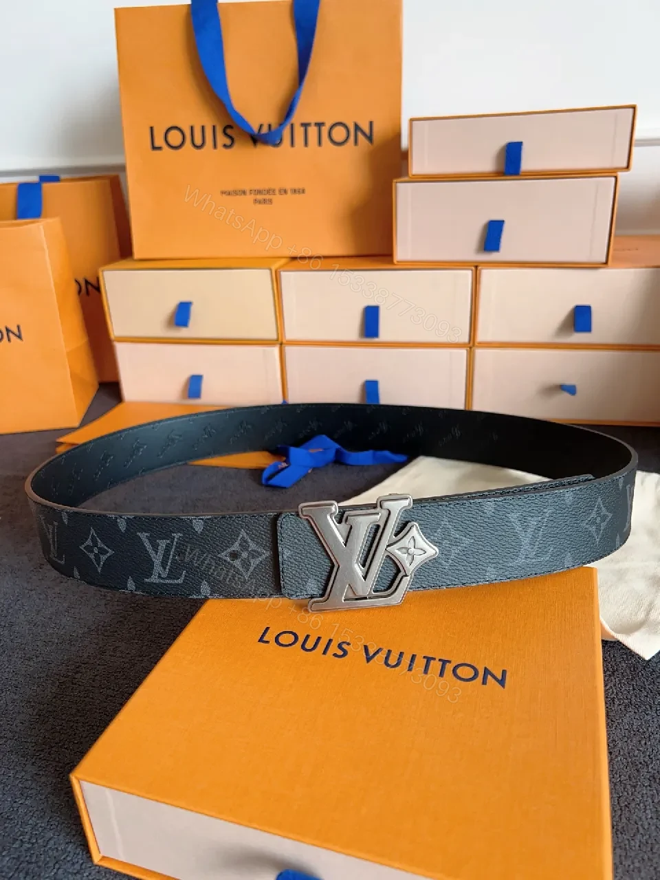 View 4 of Lux Slim LV-Pattern Belt: Monogram Leather, Silver Buckle, Modern Style