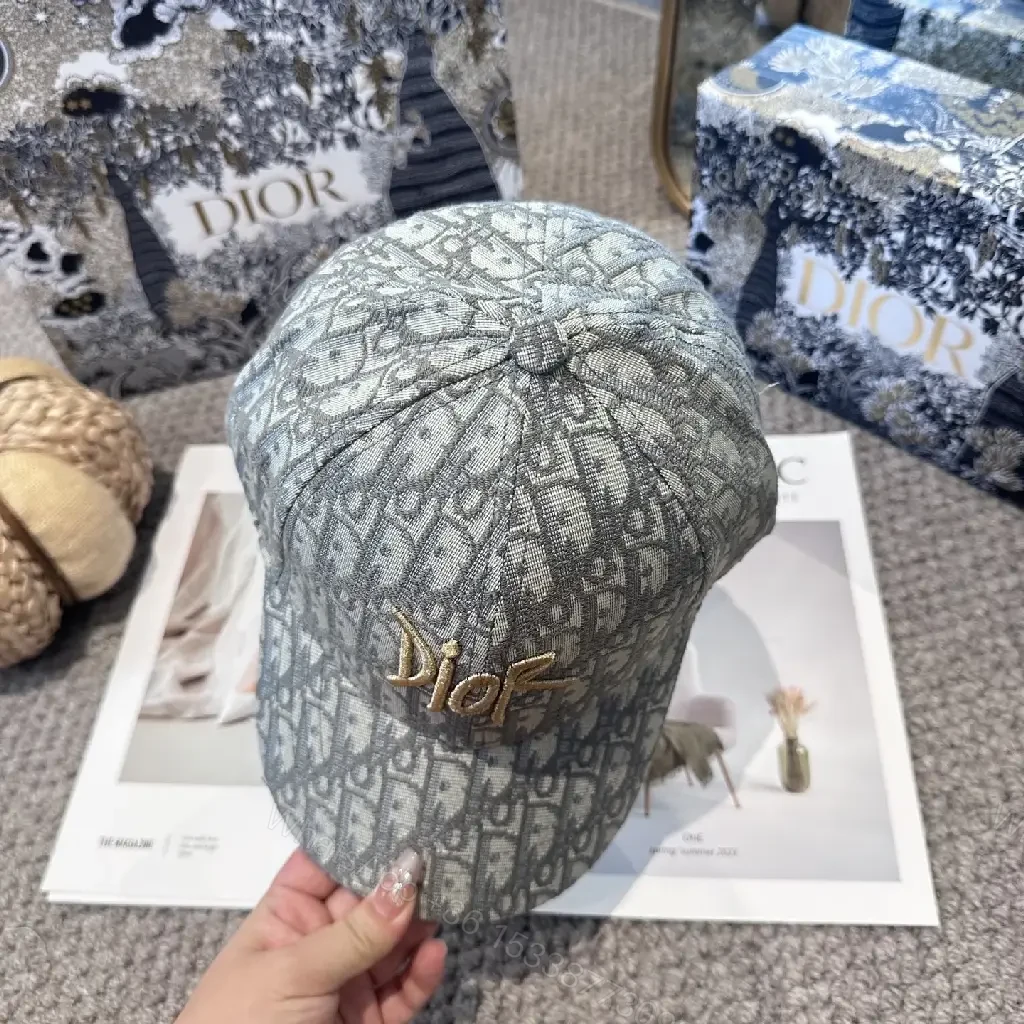 View 4 of Gray Monogram Textured Cap with Gold Dior Embellishment