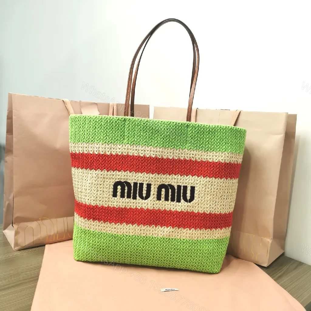 Colorful Woven Straw Tote - Luxurious Designer-Style, Bold Stripes — view 1