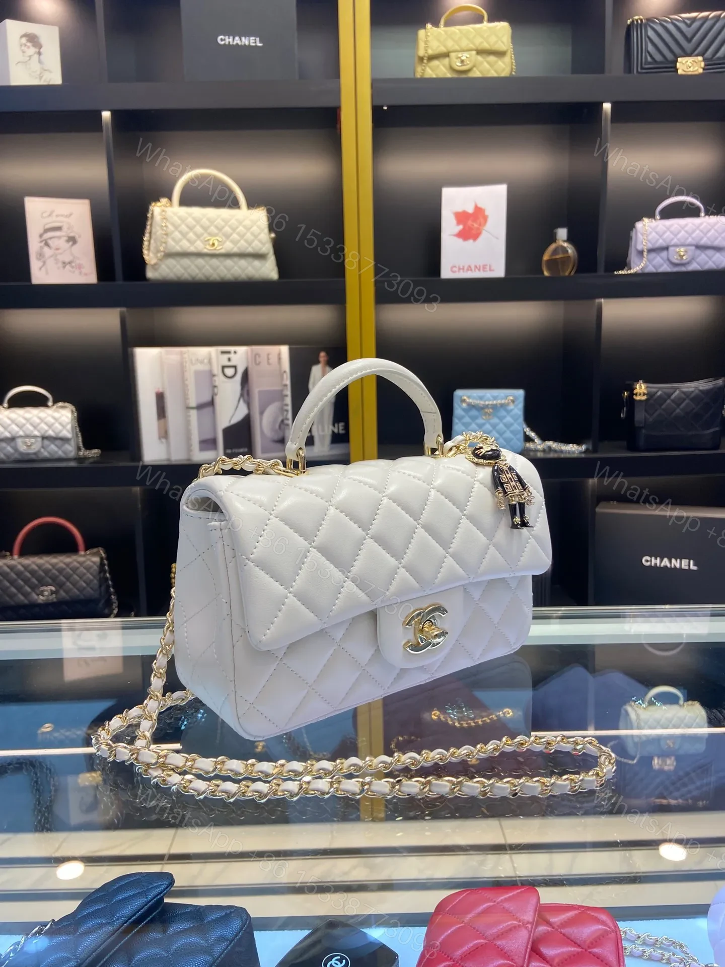 View 2 of Chanel Handle Charm Like Auth Handbags Lock Gold Demi White 20x12cm