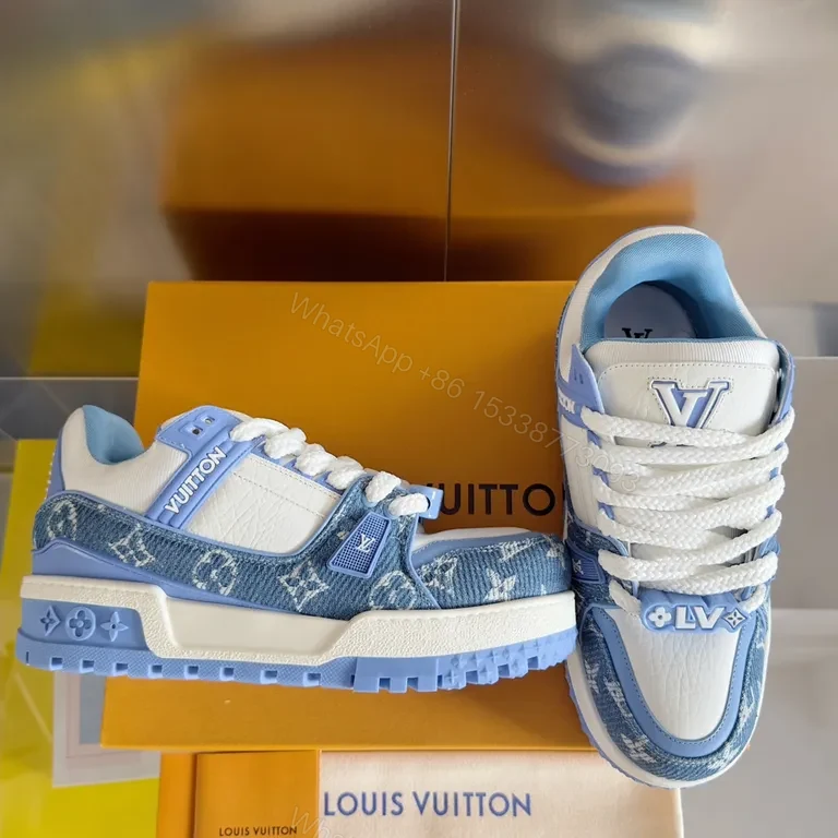 View 7 of Louis V Luxe High-Top Sneakers: Light-Blue Leather with LV Details