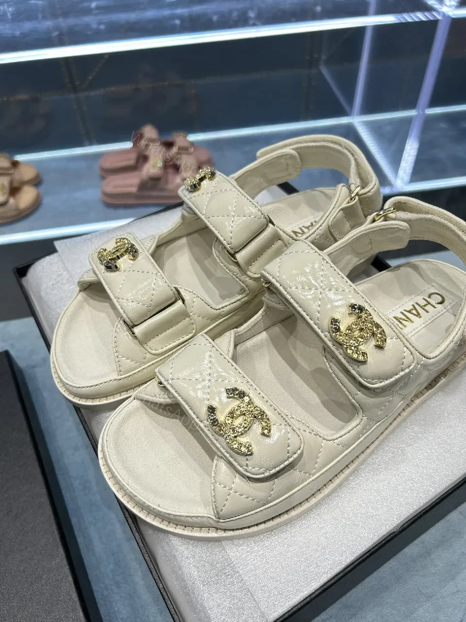 View 3 of Neutral Leather Quilted Sandals with Velcro Straps, Comfortable Luxury