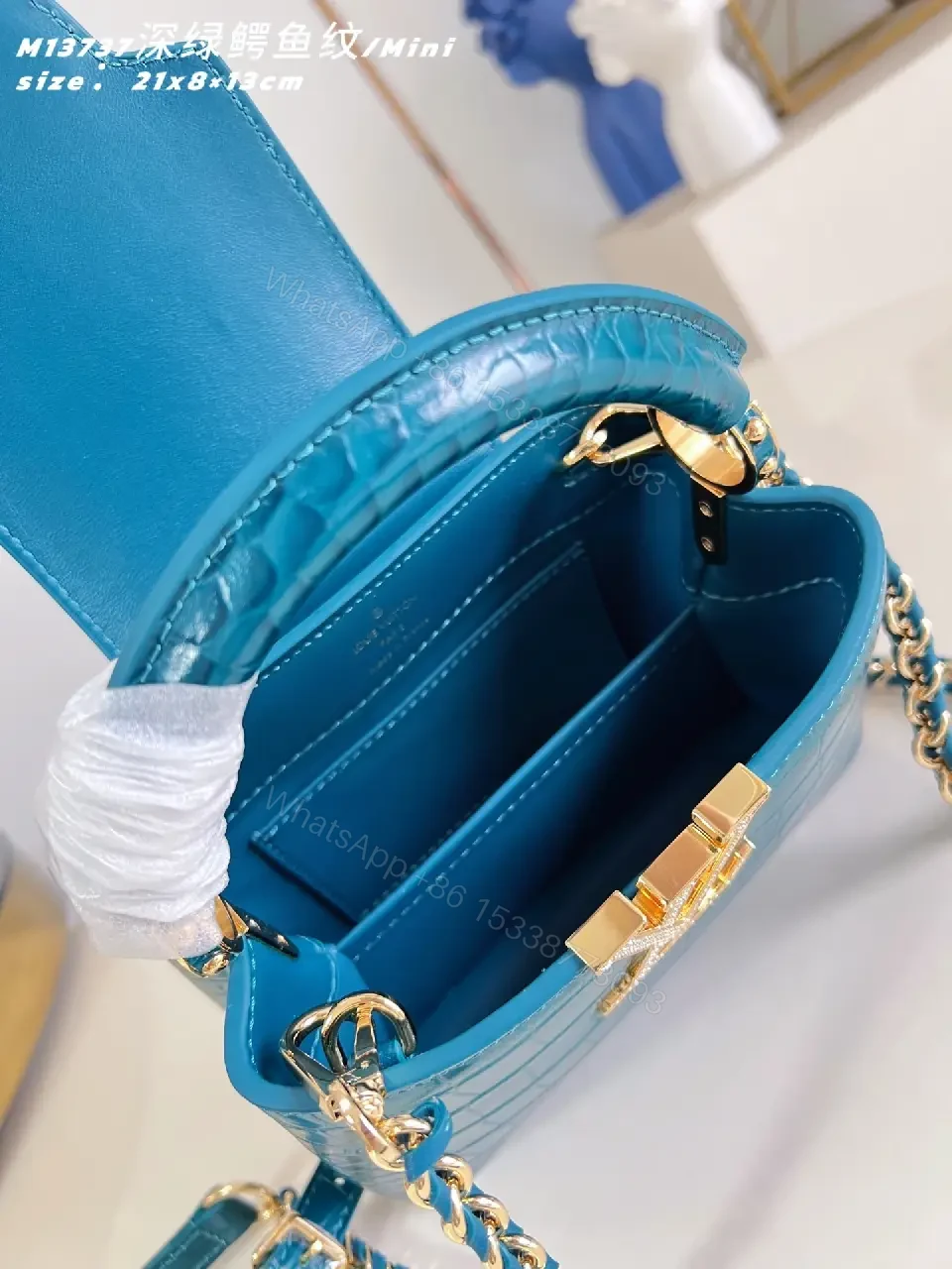 View 7 of Teal Crocodile-Texture Mini Bag with Gold Emblem