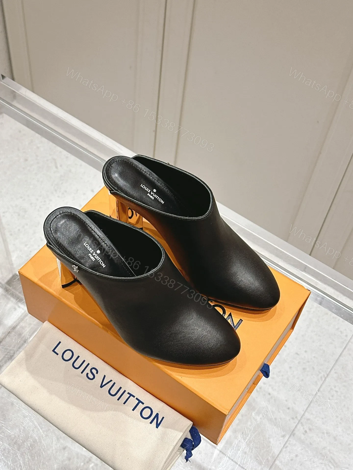 View 3 of LV Women Black Leather Mules Heels
