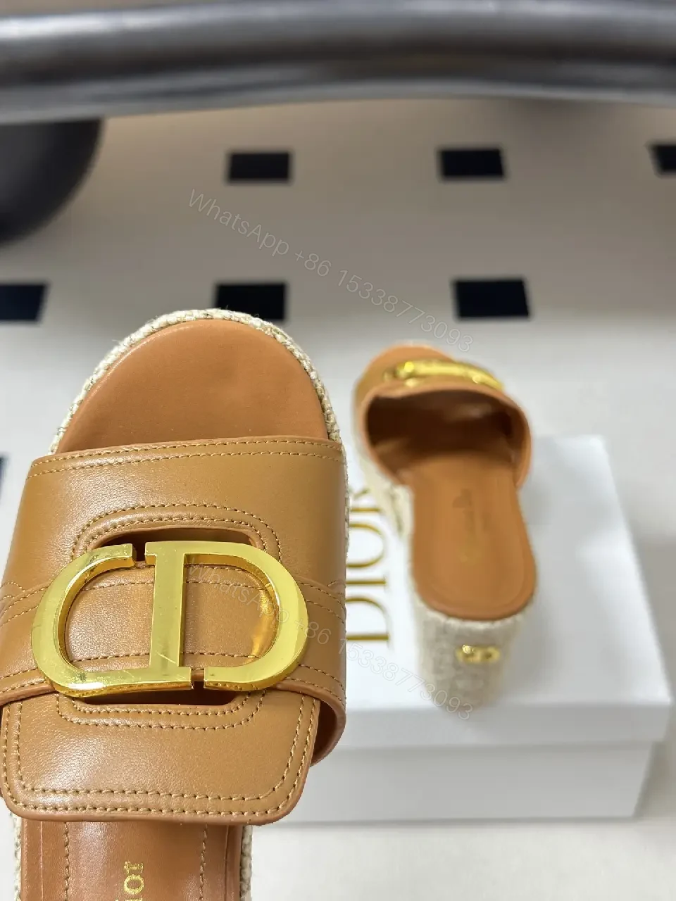 View 8 of Beige Leather Espadrille Wedge Sandals with Gold Buckle, Christian Dior Style