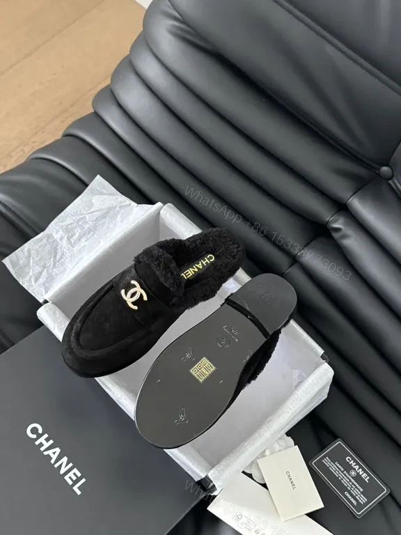 View 5 of Chanel-Inspired Black Shearling Mules with Gold Logo Detail