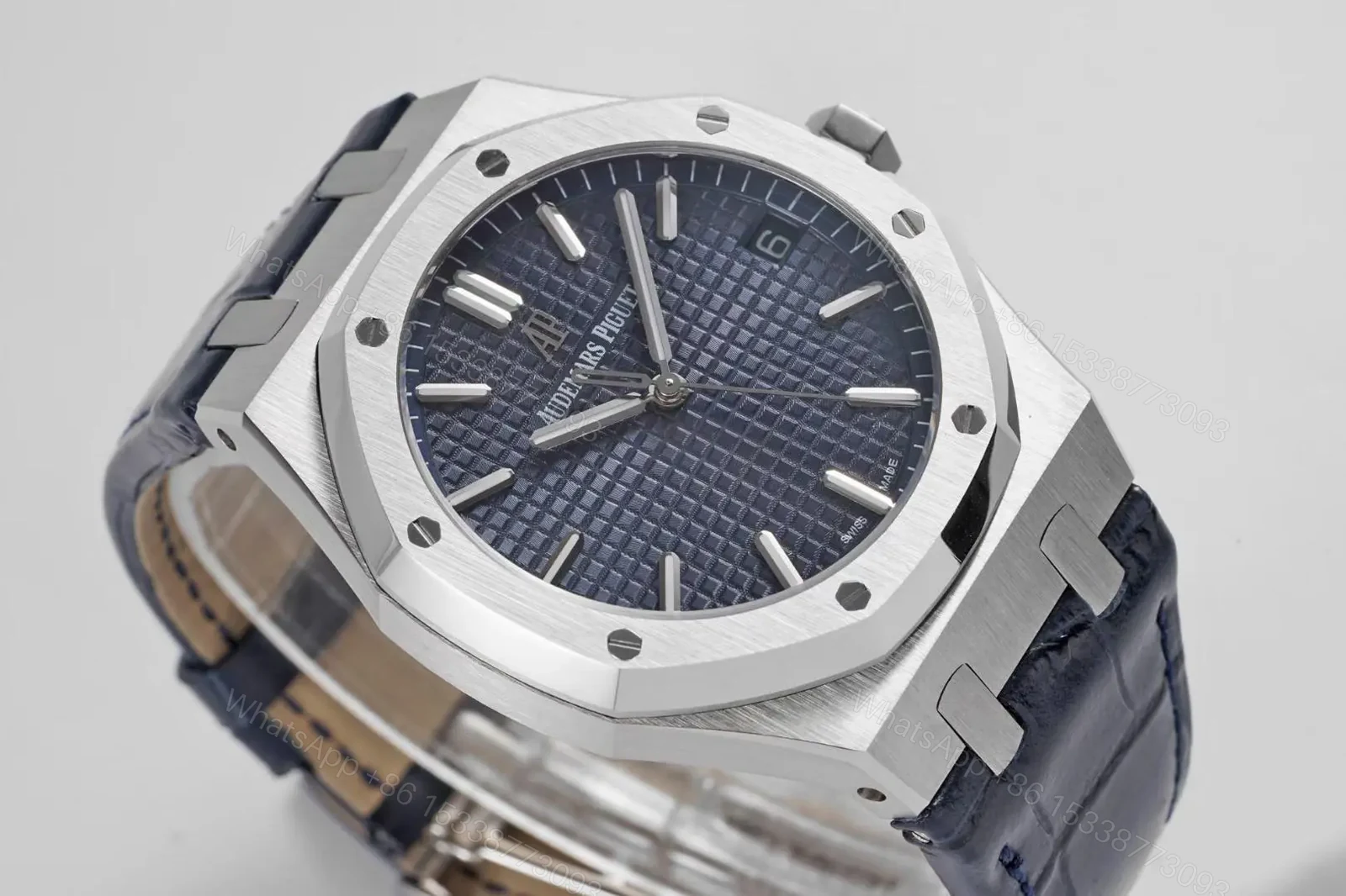 View 2 of 8F Factory Audemars Piguet Royal Oak 15500 Stainless Steel Watch with Blue Dial and Leather Strap