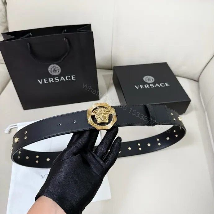 View 4 of Gold Lion Buckle Belt - Black Leather, Studded, Designer-Inspired Style