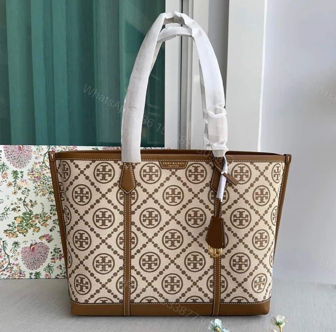 View 5 of Tory Burch Perry T Monogram Triple Compartment Tote First Copy | AAA+ Replica