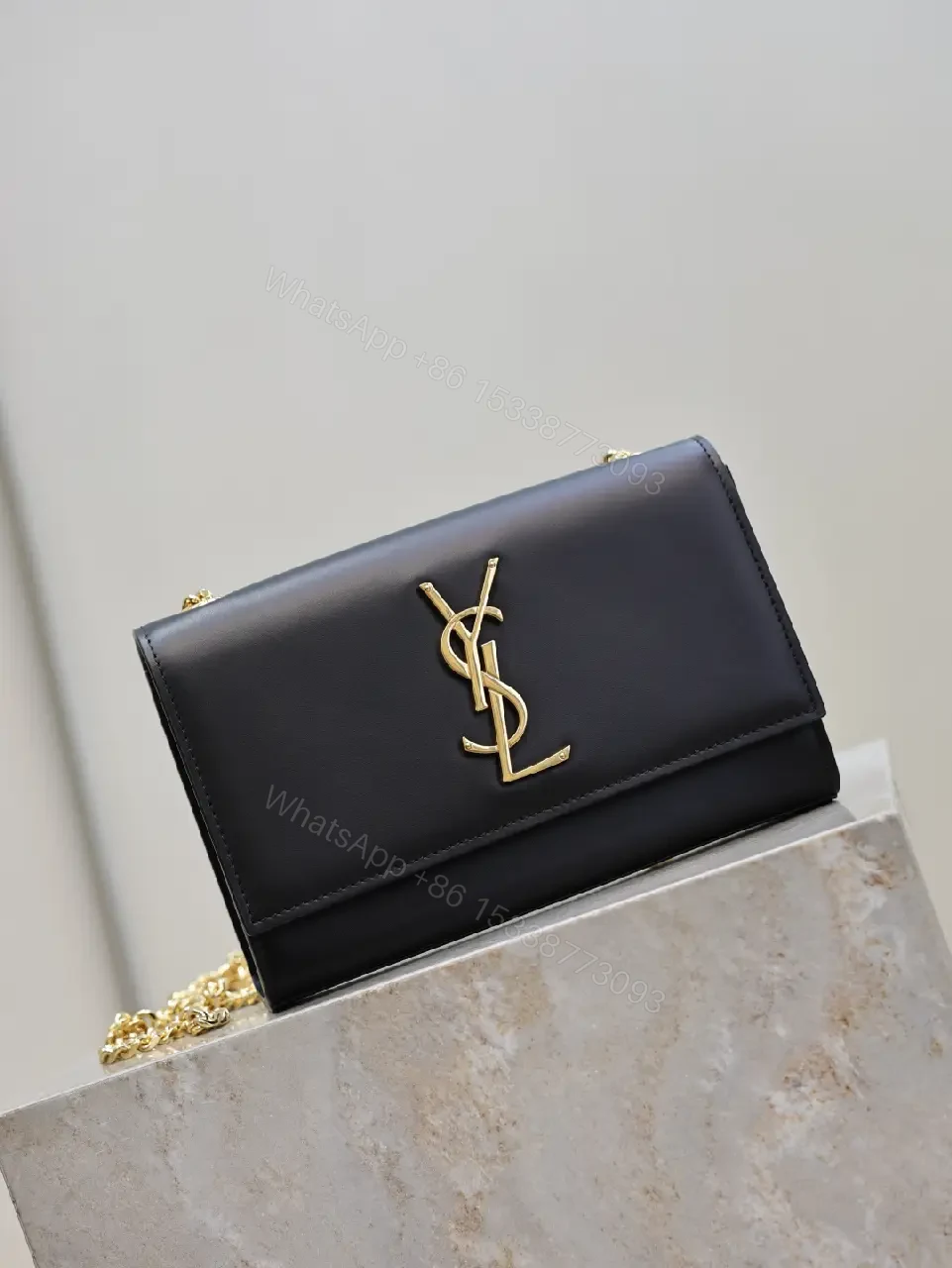 View 9 of Black Leather Bag with Gold YSL-Inspired Logo, Compact, Everyday Glam