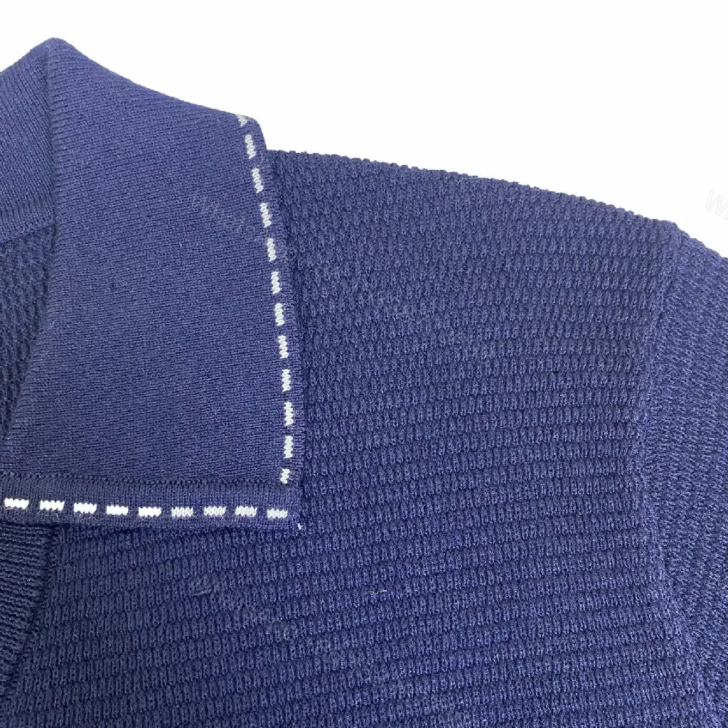 View 10 of Navy Knit Polo: V-Neck, Textured Grid, Pocket Detail, Versace Button