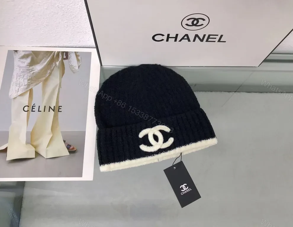 View 2 of Patterned Knit Beanie - Signature Chanel Embroidery Luxury Beanie