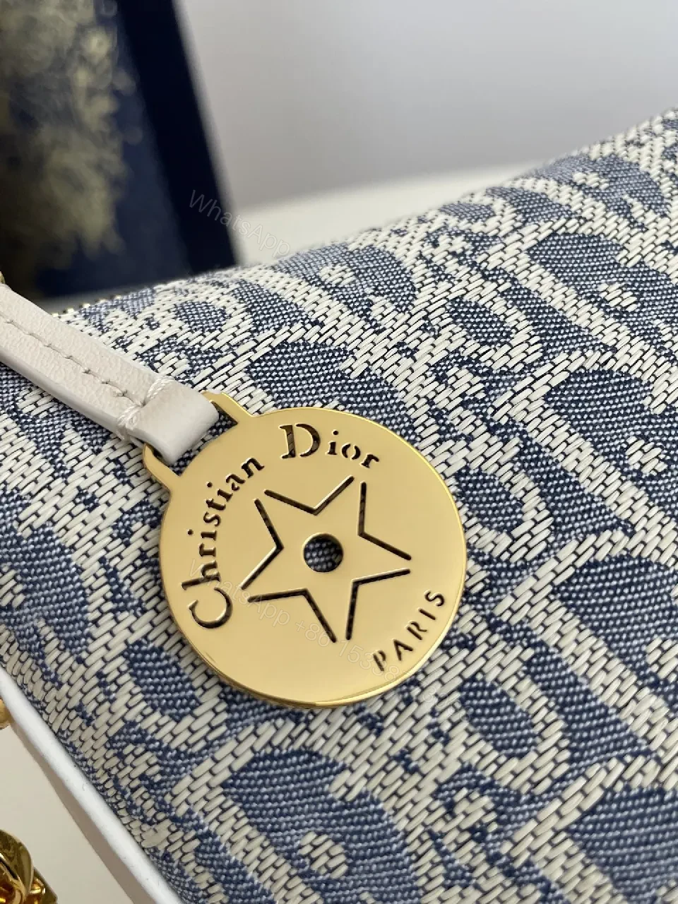 View 2 of Denim-Texture Mini Bag with White Leather Strap Signature Chic Luxury