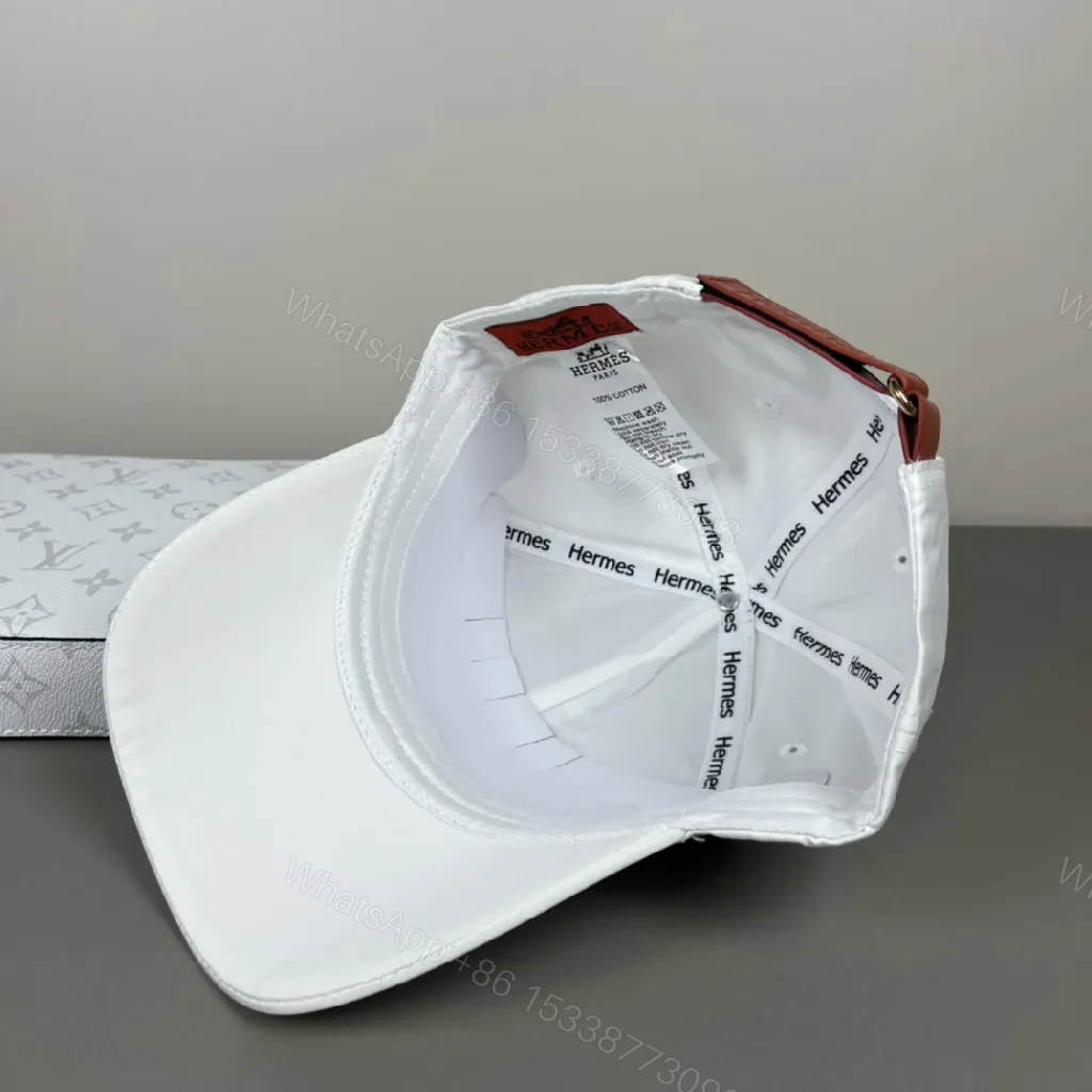View 3 of White Cotton Cap + Embroidered Hermes Pattern + Modern Crown + Subtle Luxury + Cap