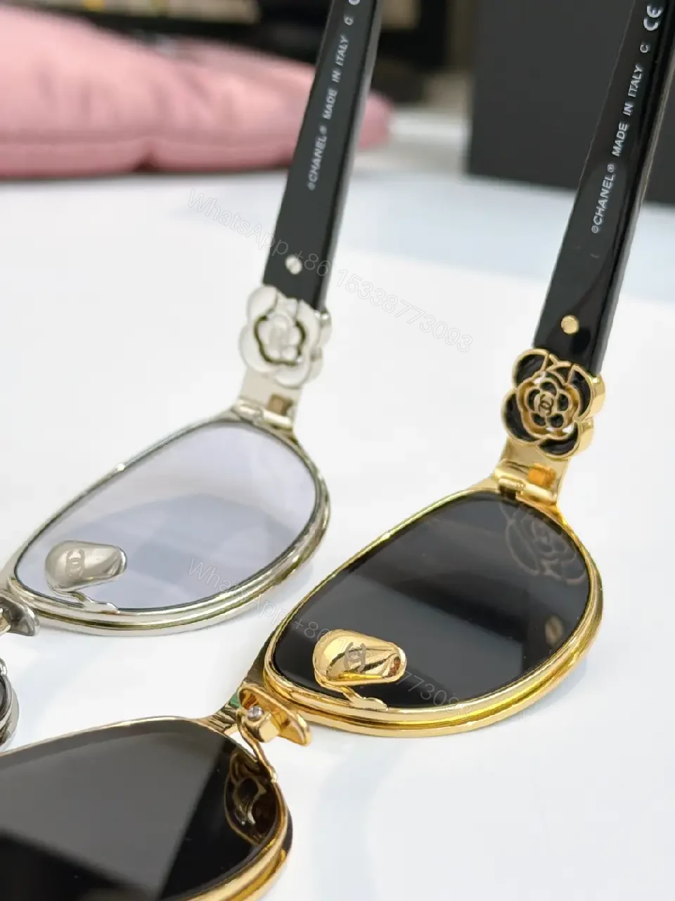 View 5 of Gold Cat-Eye Sunglasses with Chanel Logo Accents