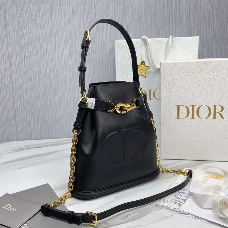 View 6 of Lux Black Leather Bucket Bag with Gold Hardware - Dior-Inspired Elevation
