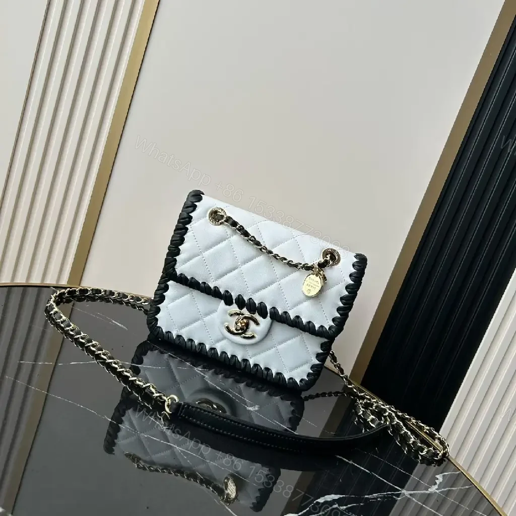 View 6 of White Leather Quilted Flap Bag with Chain Trim, Gold Logo
