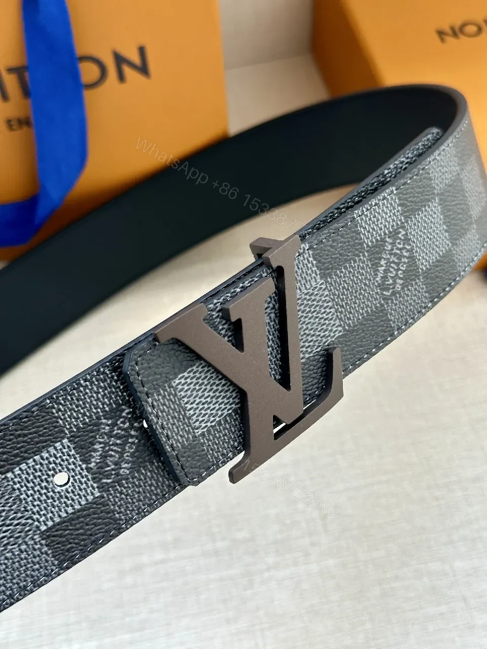 View 5 of Checkerboard Leather Belt with Gunmetal Buckle, Unisex Style