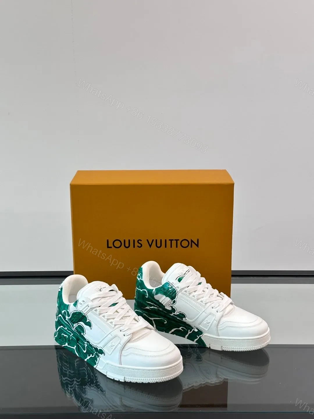 View 5 of LV Men White Leather Sneakers With Green Graphic