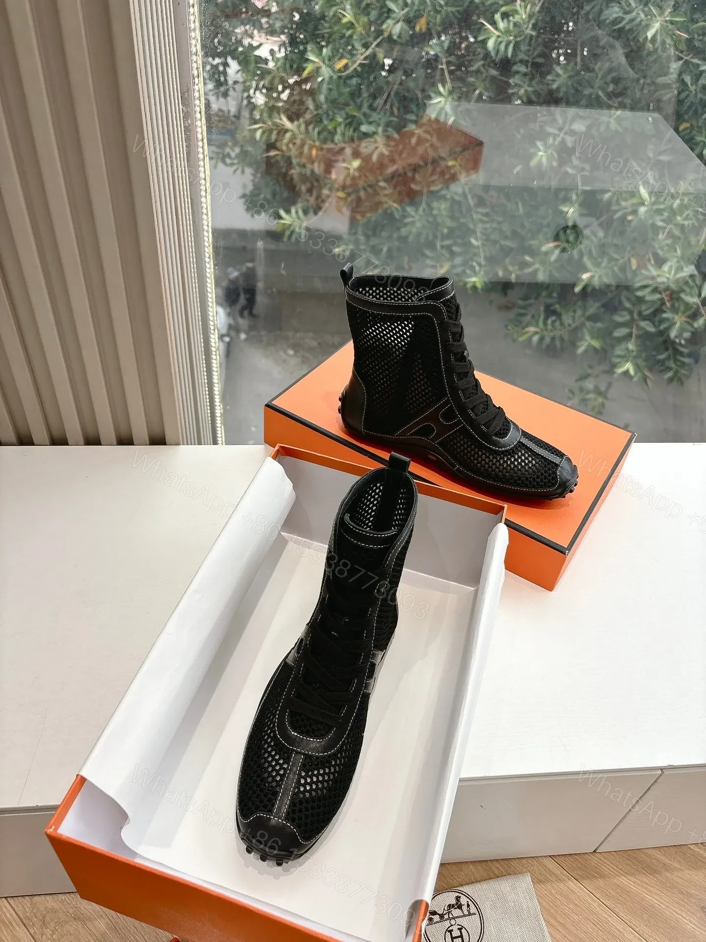 View 4 of Hermes Women Black Mesh And Leather Boots