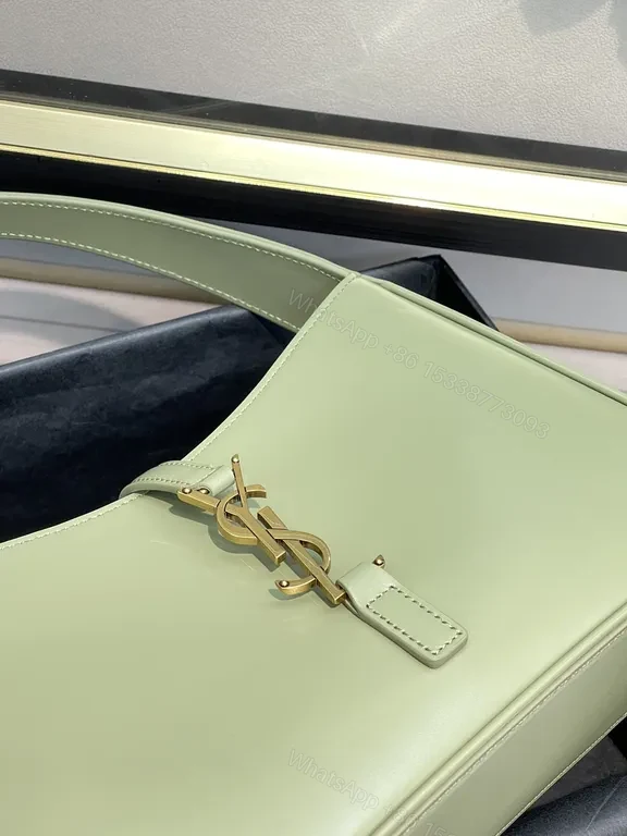 View 2 of Deep Green Leather Rectangular Bag with Gold YSL Logo