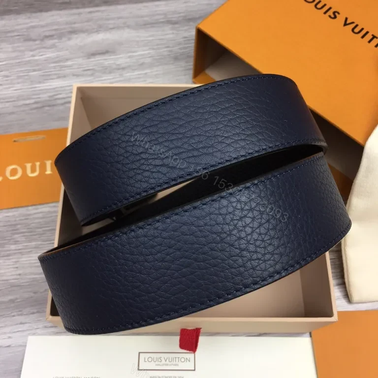 View 3 of Navy Leather Belt: LV Silver Buckle, Pebble-Grain Calfskin, Luxury Style, Premium All-Day Wear, Belt