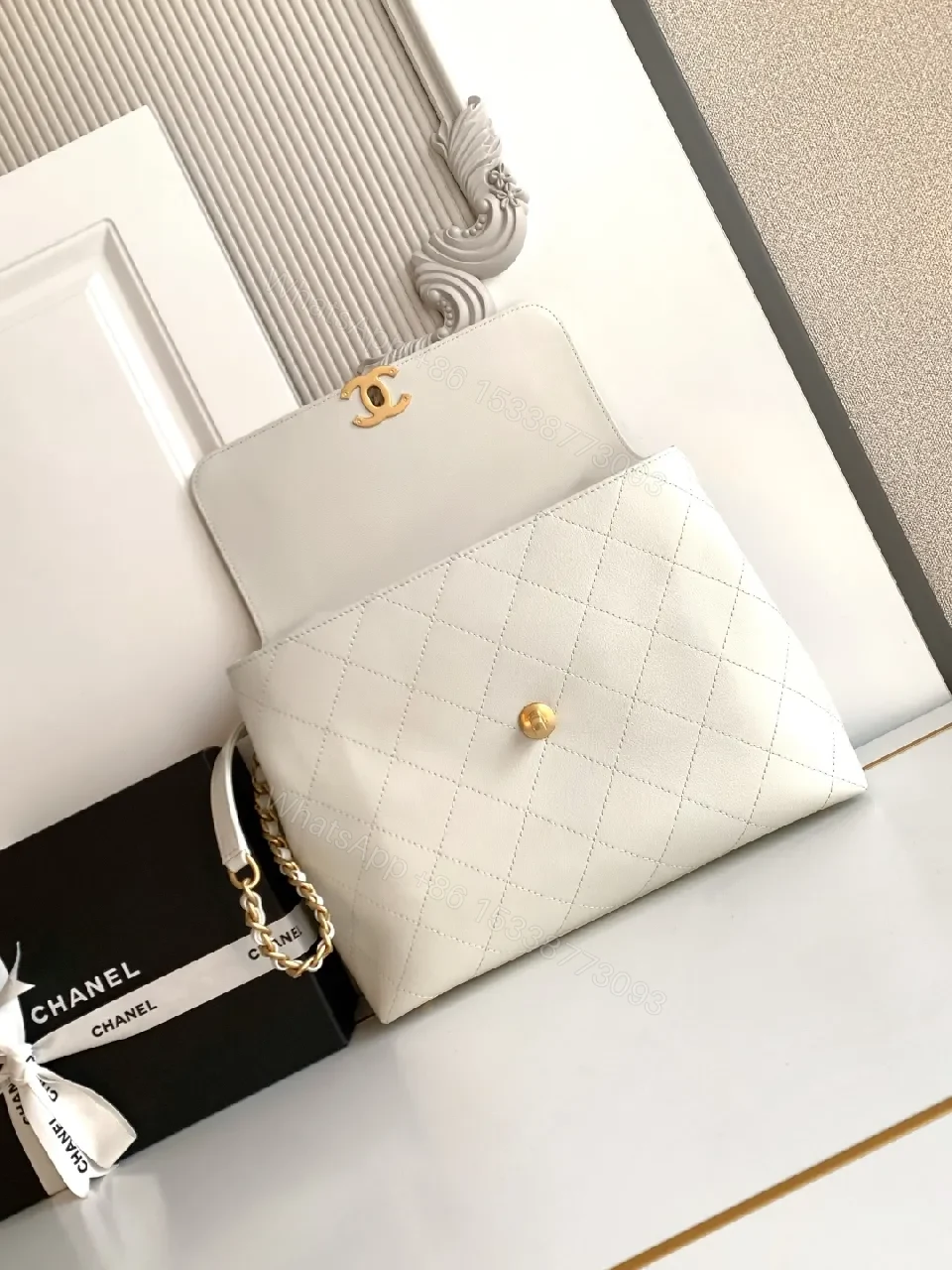View 4 of Quilted White Crossbody Bag with Gold Logo Accent