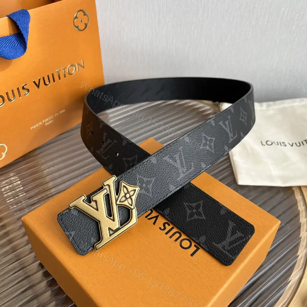 View 8 of Dark Gray/Black Leather Belt – LV Monogram, Pebbled Texture, Silver Buckle