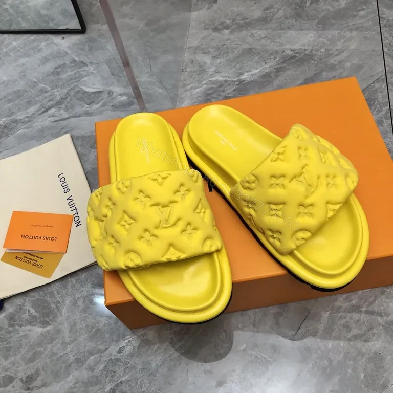 View 9 of Neon LV-Inspired Slides: Luxe Monogram Comfort Sandals