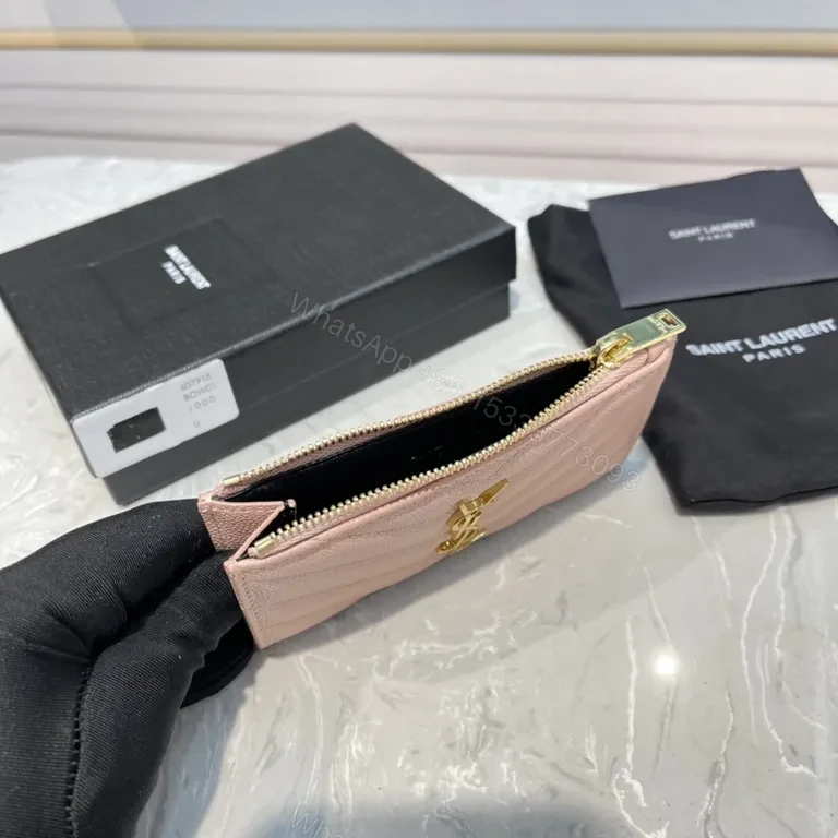 View 8 of Chic Pink Quilted Card Wallet â€” YSL Luxury Compact Style
