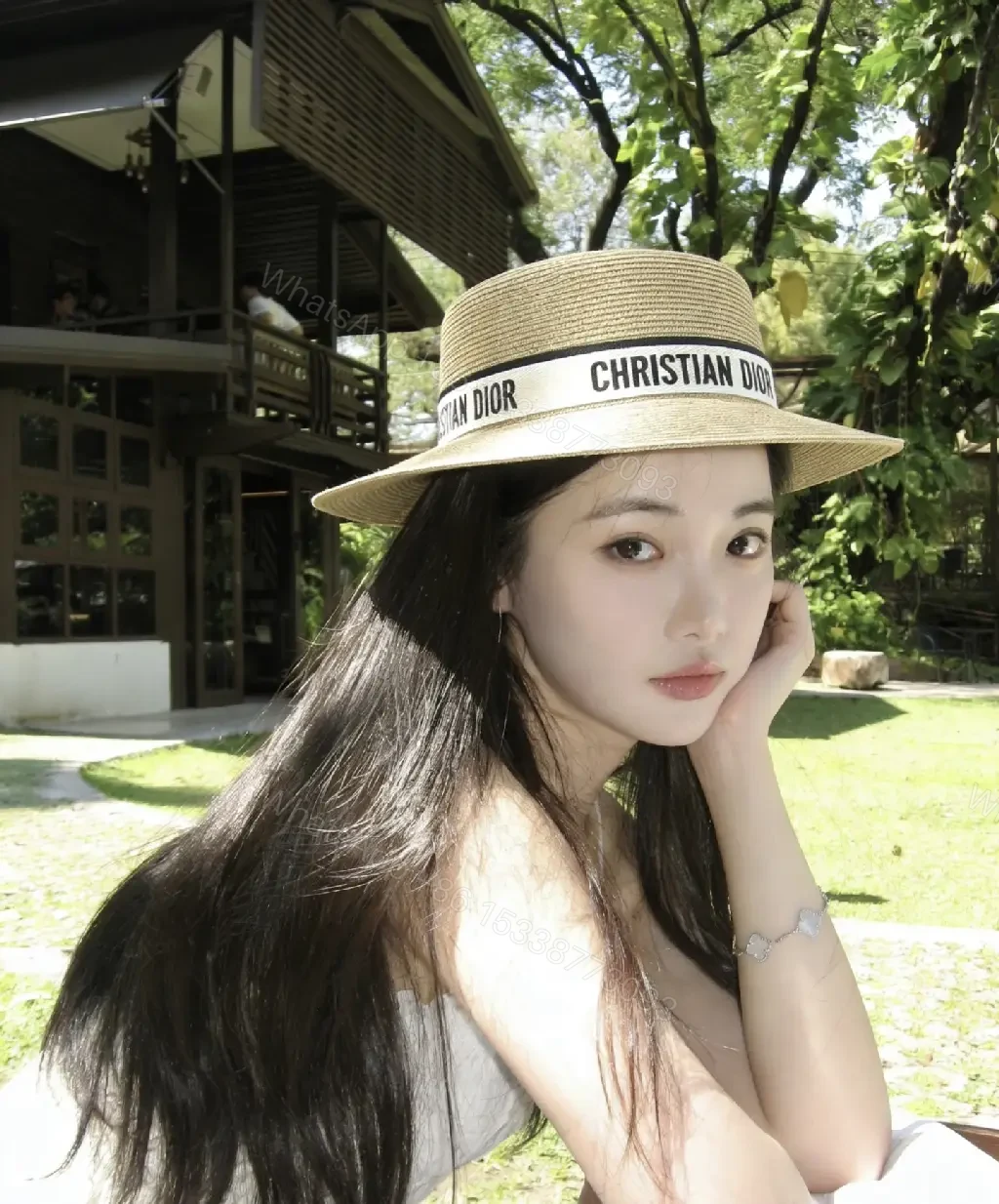 View 8 of Light Beige Straw Fedora Boater Hat with Black-White Band (Christian Dior)