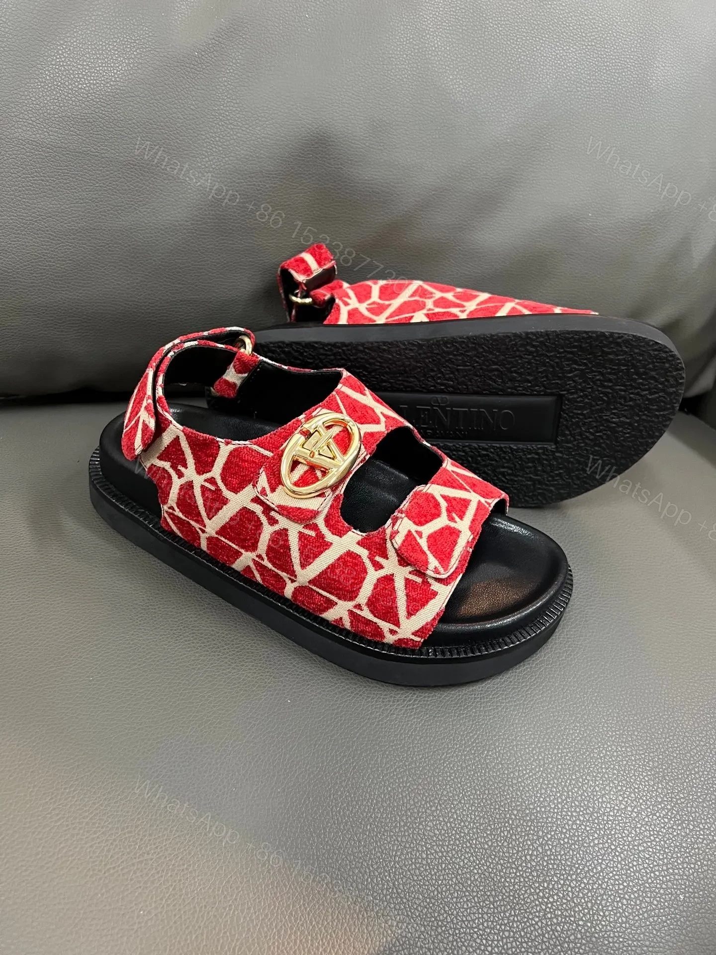 View 3 of Valentino Women Red Patterned Fabric Sandals