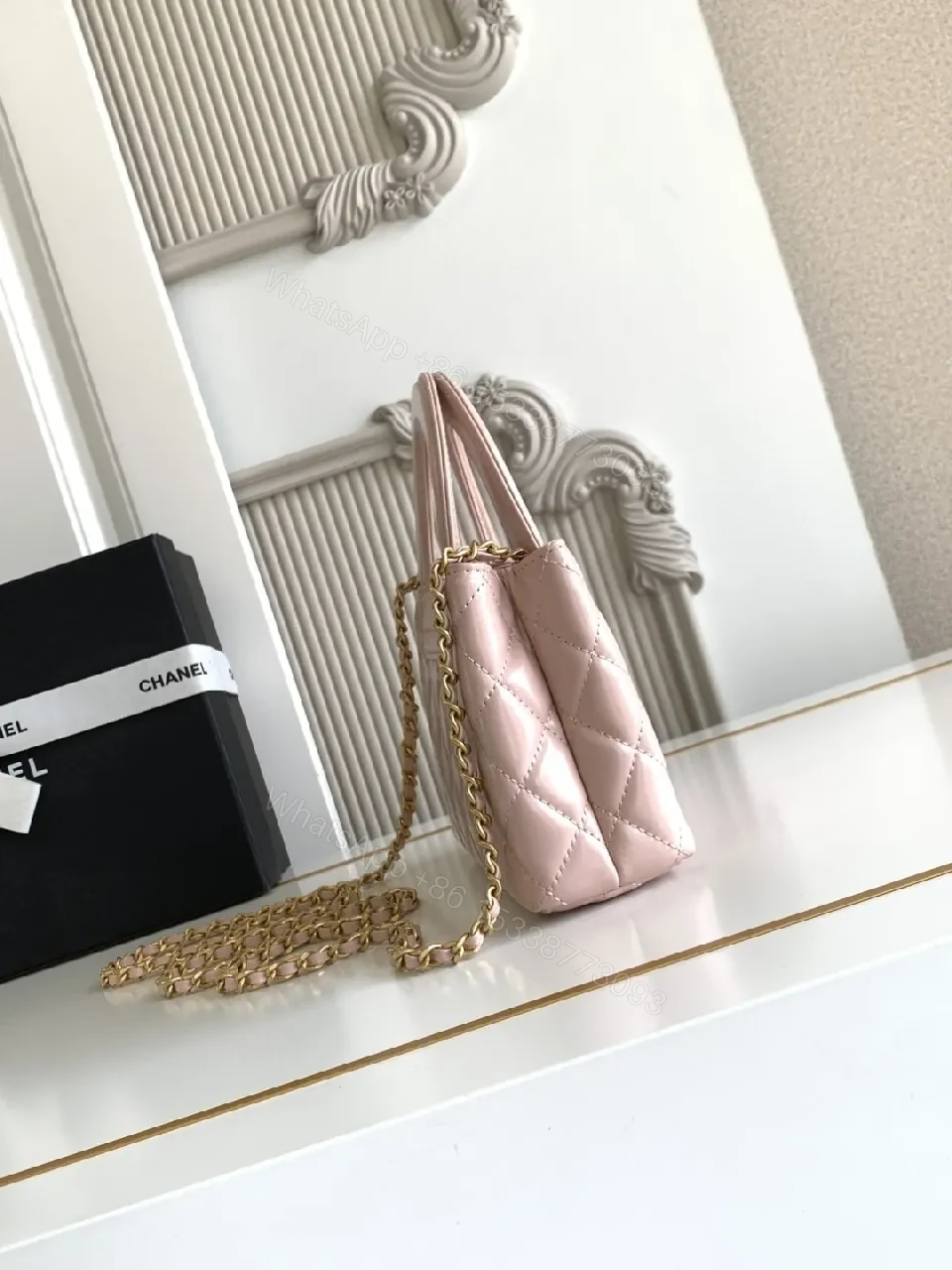 View 9 of Soft Pink Leather Quilted Mini Bag with Gold Hardware