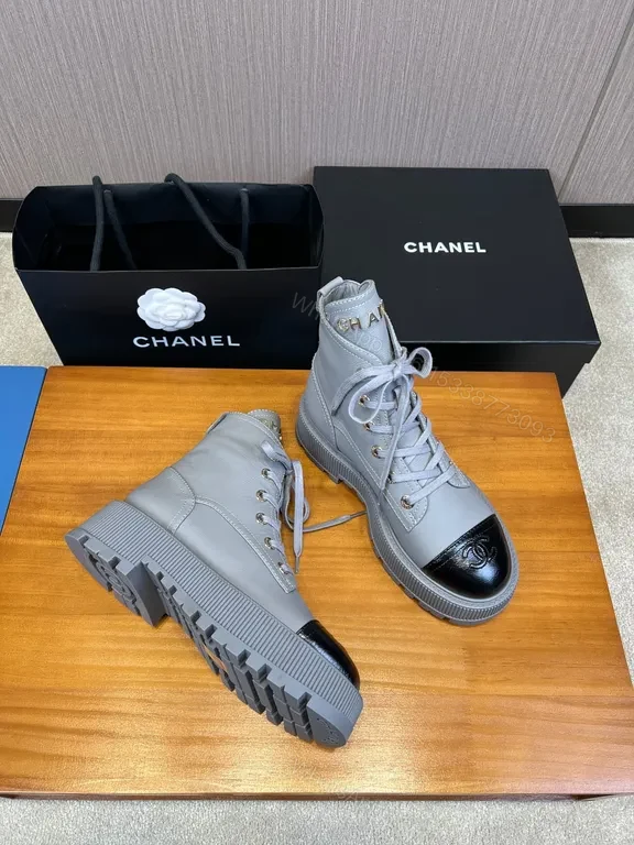 View 6 of Chanel-Inspired Gray Lace-Up Boots with Black Cap Toe